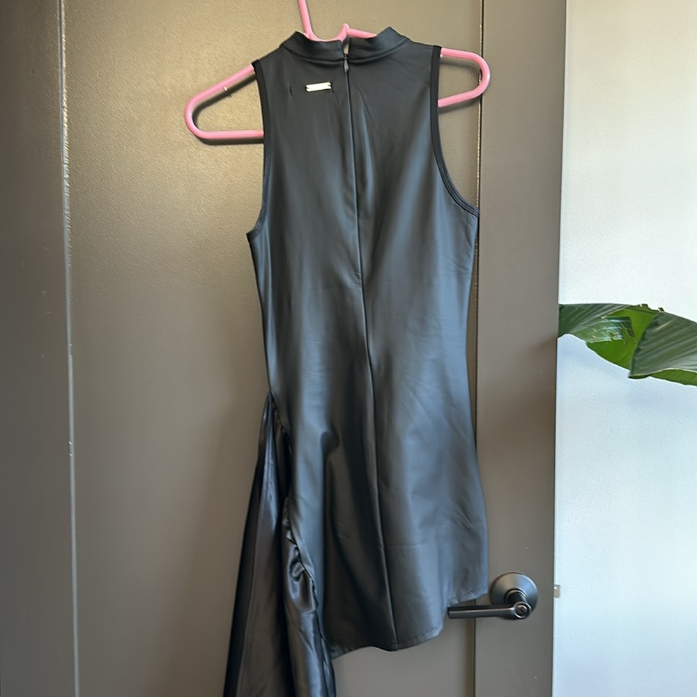 Vegan Leather & Satin Wrap Bodycon Dress - Black - Picture 7 of 12